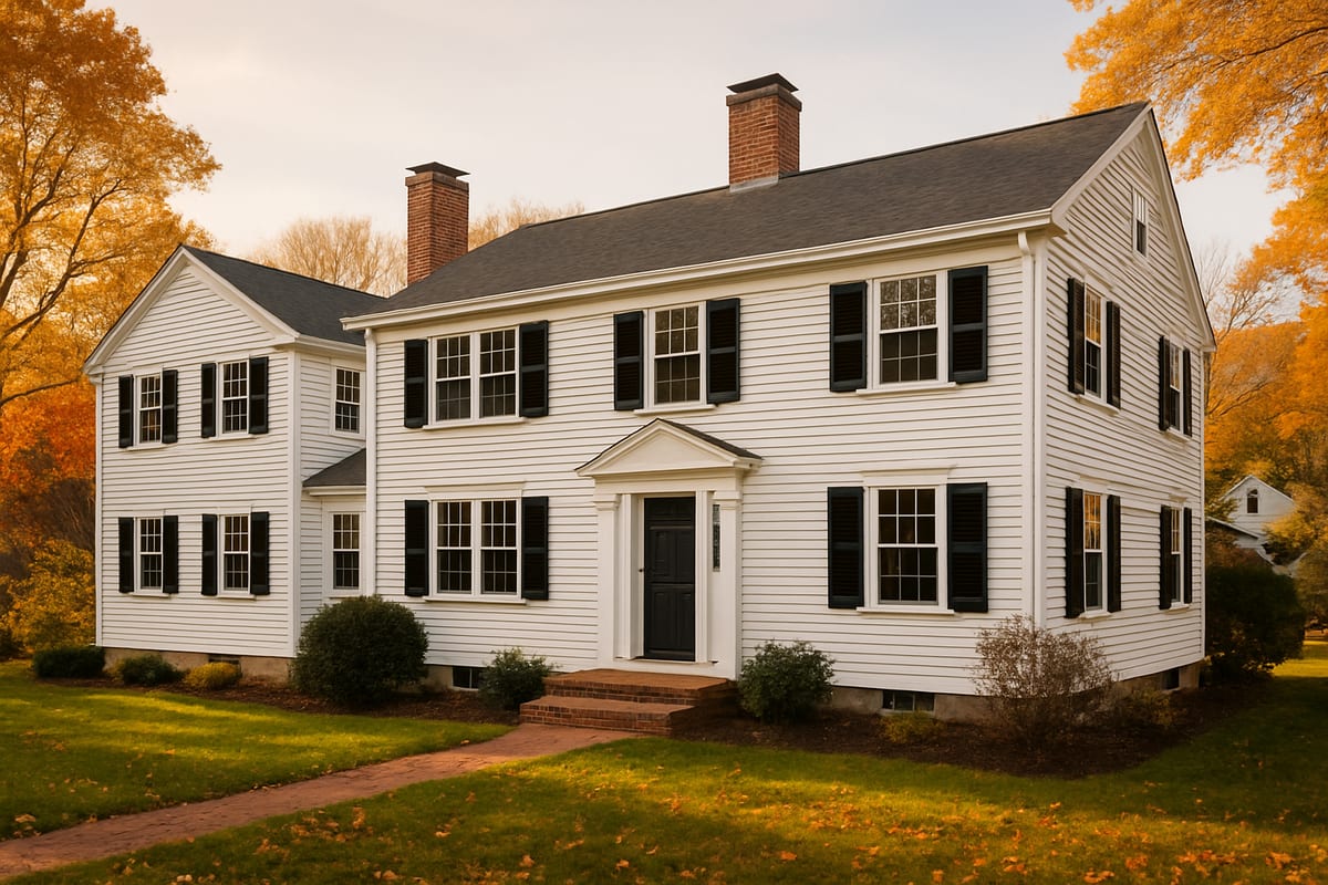 Completed two-story addition on a New England colonial, siding and rooflines matched to the original house