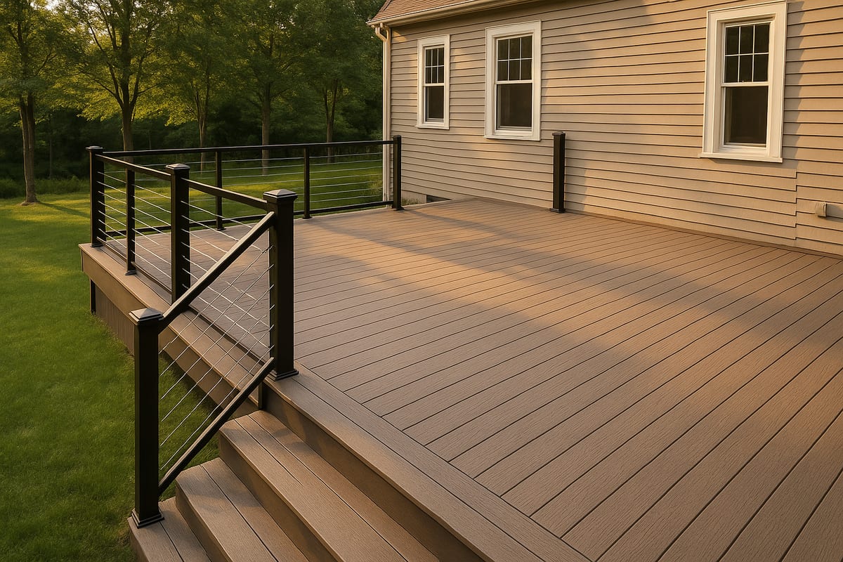 Finished composite deck with black aluminum cable railing and picture-frame border