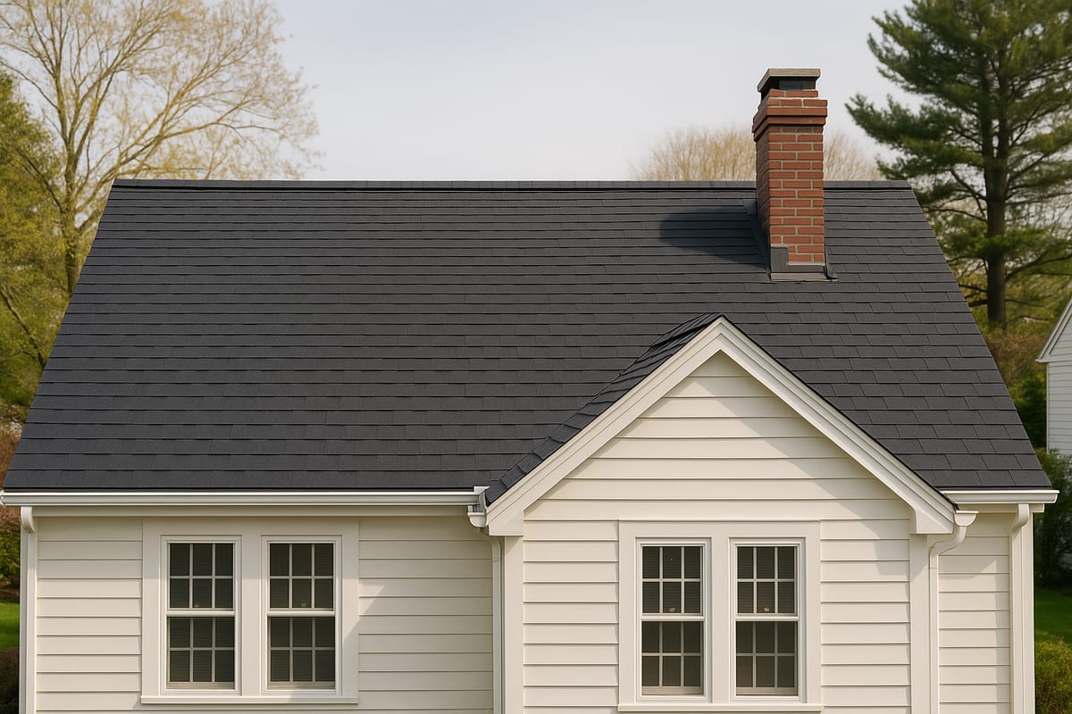 New charcoal architectural asphalt shingle roof with ridge vent and clean chimney flashing