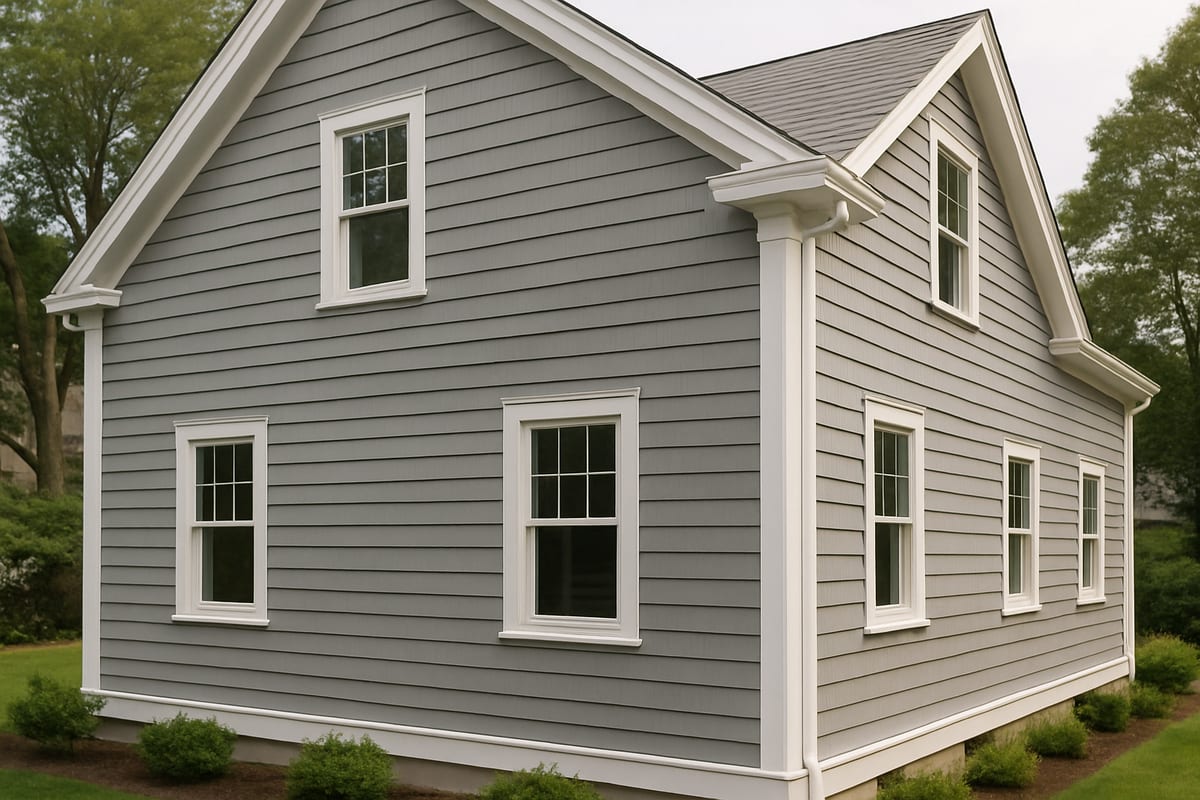 New England home in grey fiber-cement lap siding with white corner boards and window trim